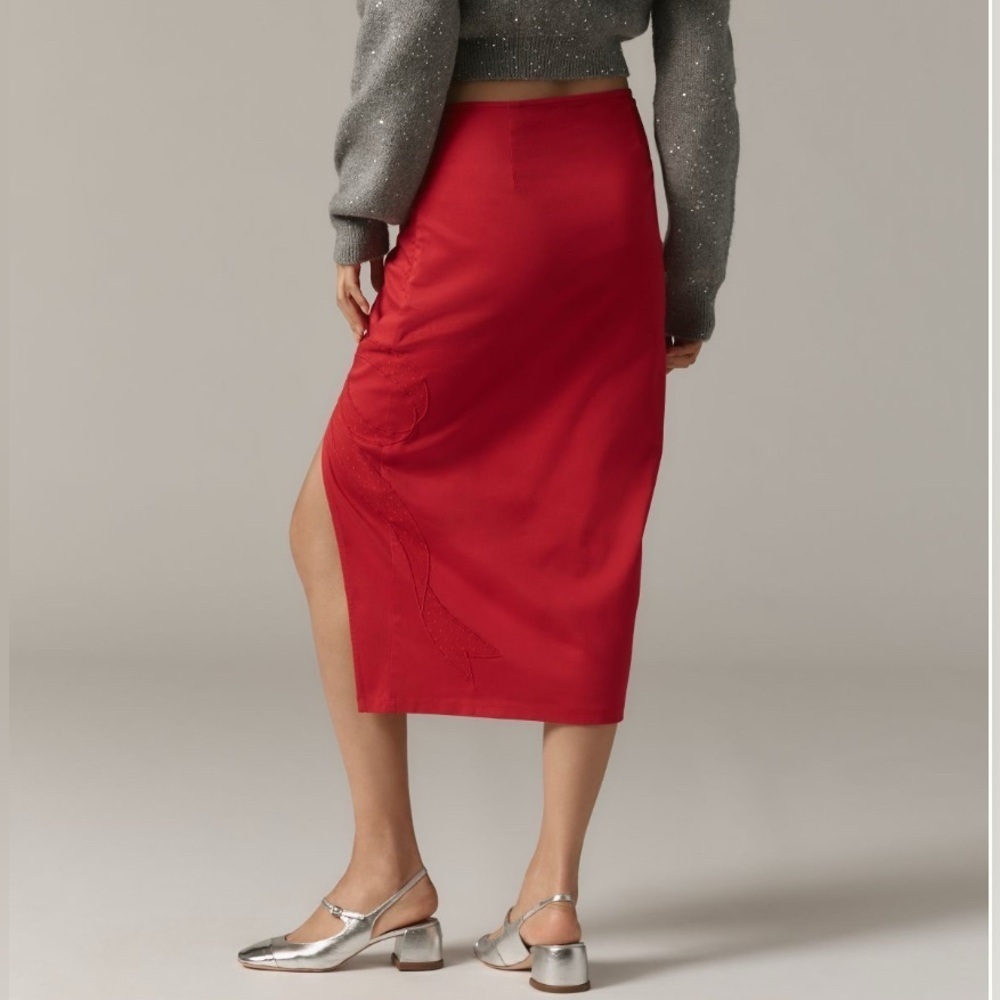 Anthropologie Maeve Red Bow Embroidered Midi Pencil Skirt Size M - Picture 13 of 14